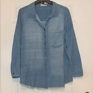Side Stitch LA Button-Up Chambray Cotton Shirt 1X Light Corduroy Denim Frayed